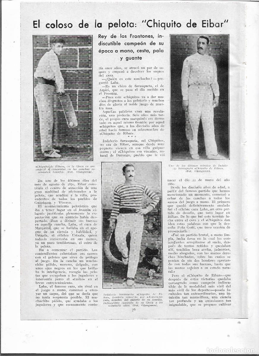 Collectionnisme: A&Ntilde;O 1935 RECORTE PRENSA DEPORTES PELOTA VASCA CHIQUITO DE EIBAR INDALECIO SARASQUETA