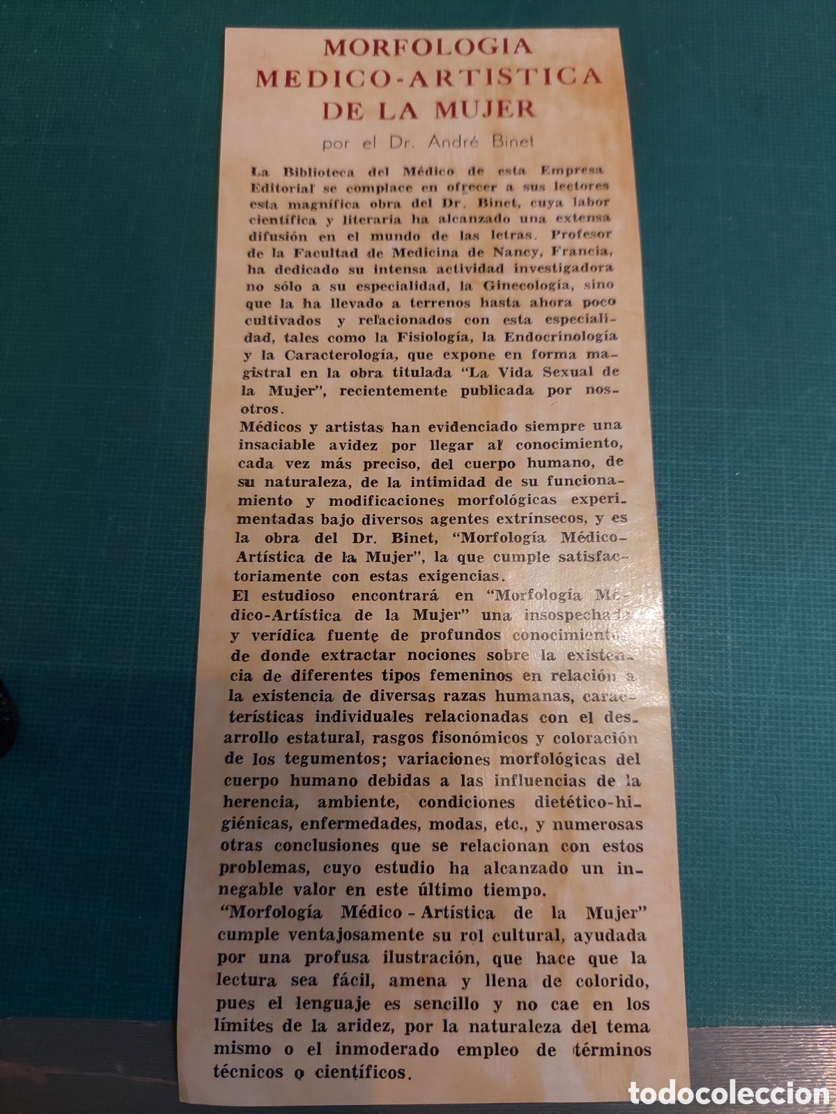 Collezionismo: Impreso morfolog&iacute;a m&eacute;dico art&iacute;stico de la mujer
