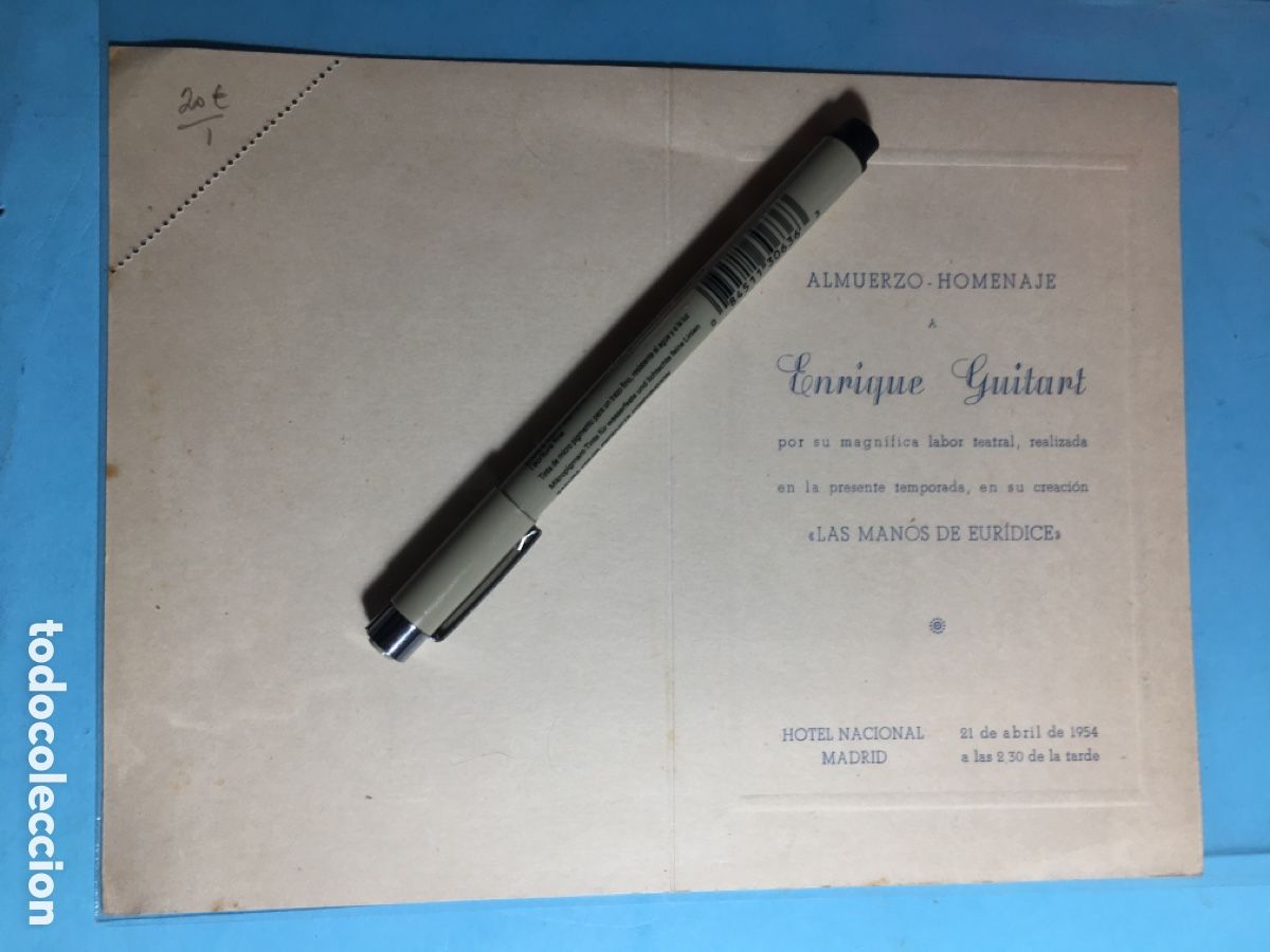 Coleccionismo: 1954 ALMUERZO HOMENAJE A ENRIQUE GUITART MAGN&Iacute;FICA LABOR TEATRO ''LAS MANOS DE EUR&Iacute;DICE''