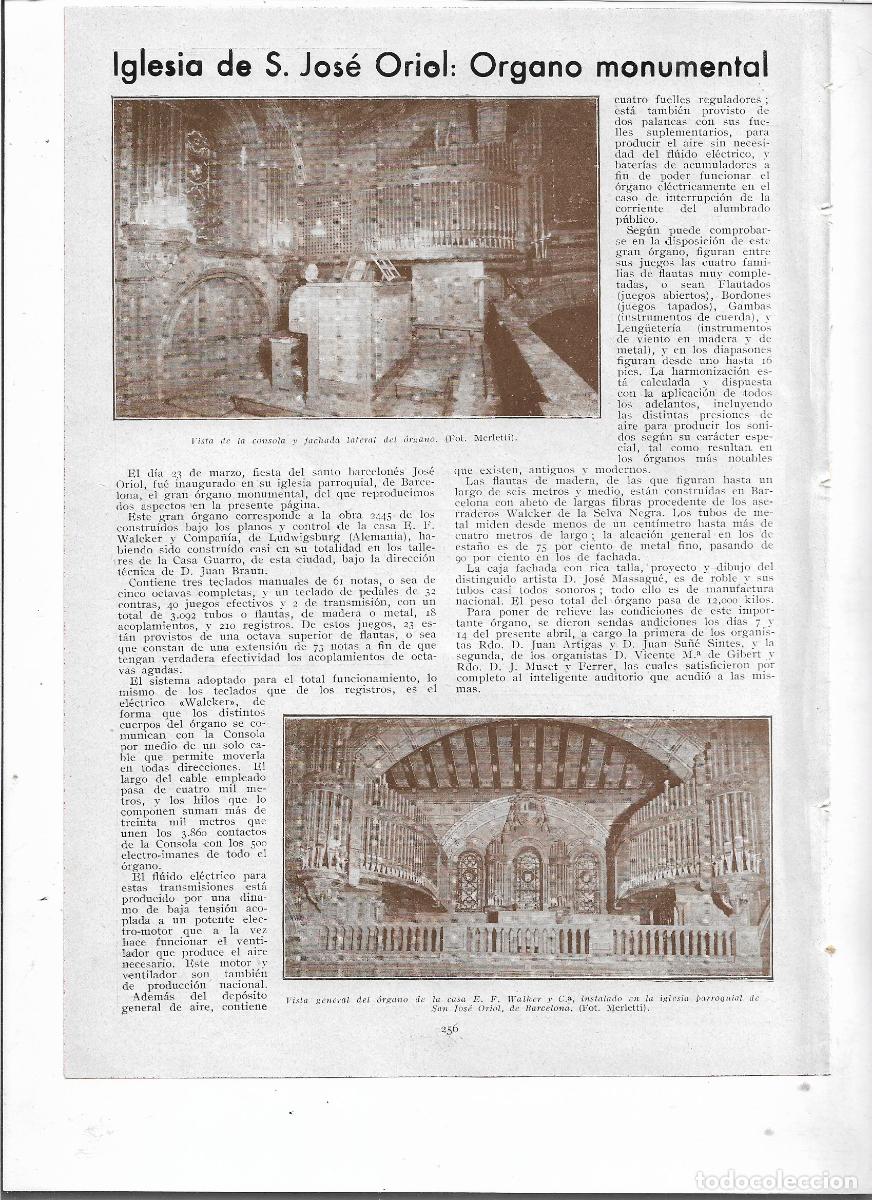 Colecionismo: A&Ntilde;O 1935 RECORTE PRENSA BARCELONA IGLESIA SANT JOSEP ORIOL ORGANO MONUMENTAL CASA WALKER