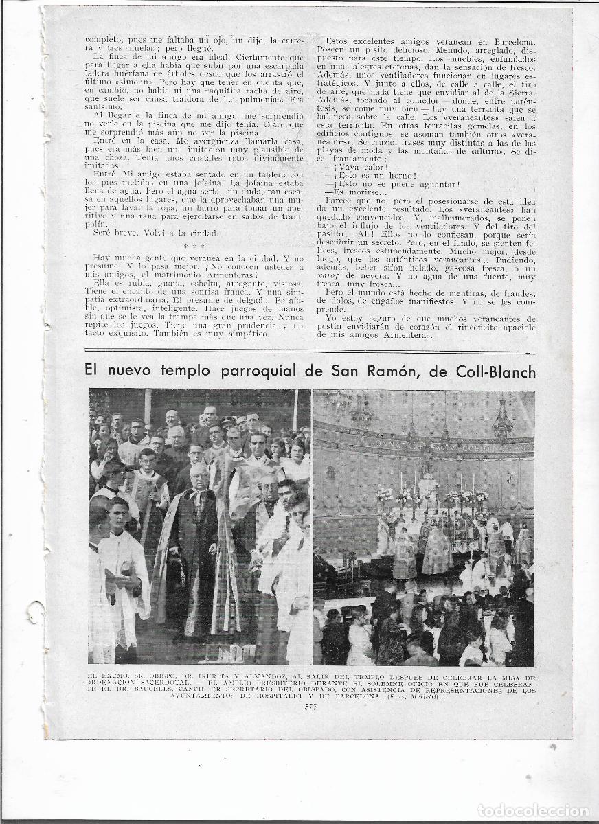 Coleccionismo: A&Ntilde;O 1935 RECORTE PRENSA BARCELONA IGLESIA NUEVO TEMPLO PARROQUIAL SAN RAMON DE COLLBLANC