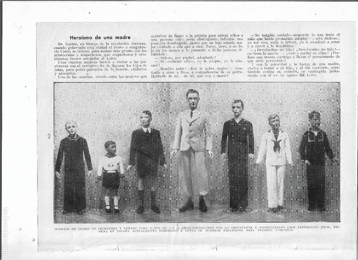 Collectionnisme: A&Ntilde;O 1935 RECORTE PRENSA MODA INFANTIL TRAJE PRIMERA COMUNION CASA PANTALEONI HERMANOS MANIQUIES