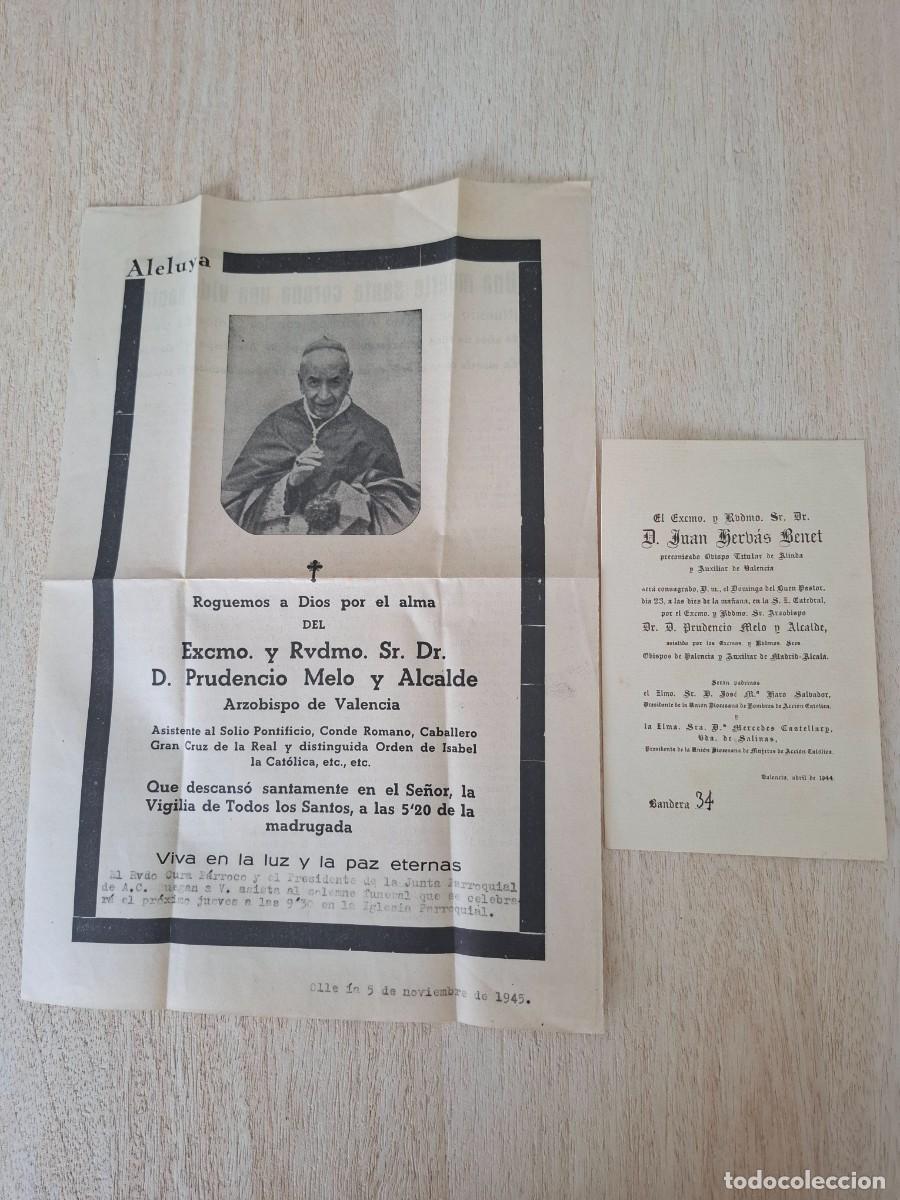 Coleccionismo: Necrol&oacute;gica Juan Melo (arzobispo Valencia) 1945 - Consagraci&oacute;n Juan Herv&aacute;s( obispo de Mallorca) 1944
