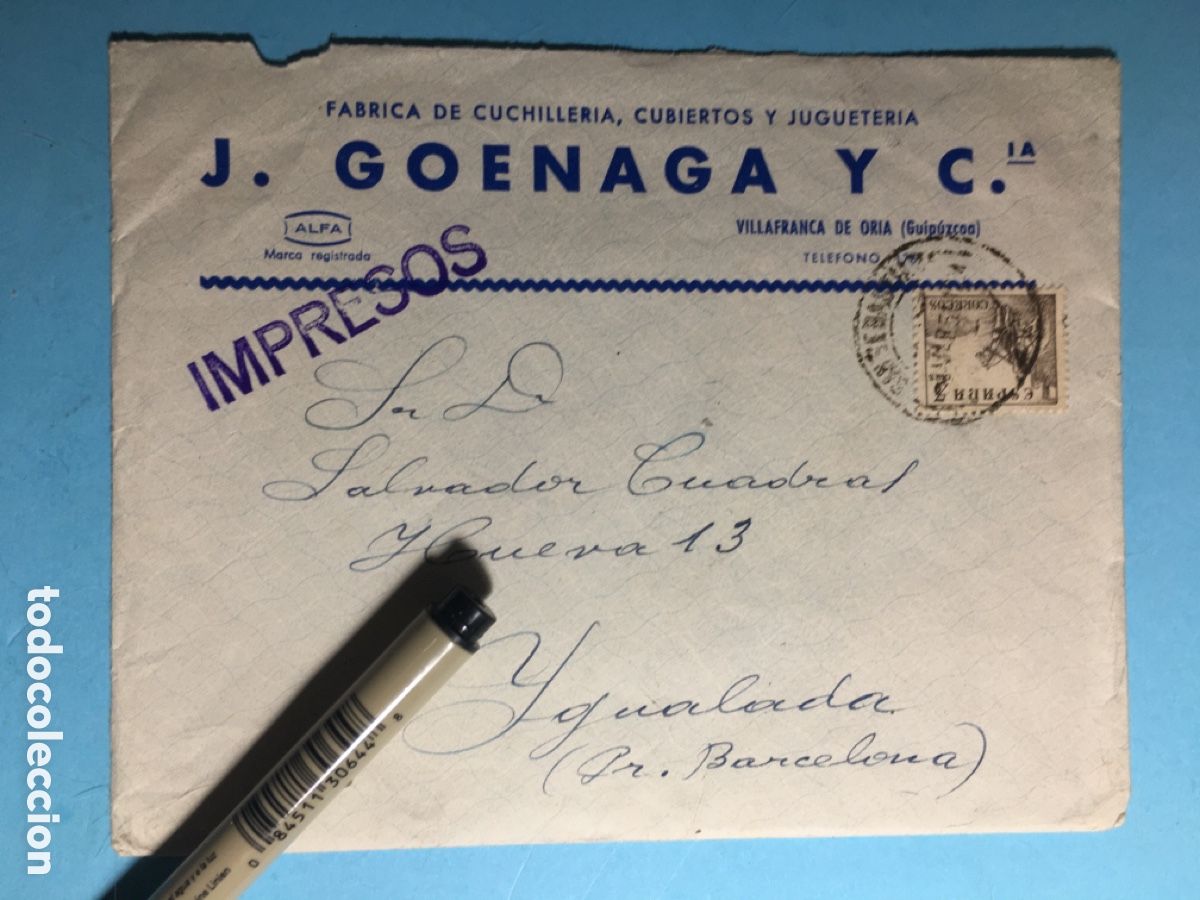 Sammelleidenschaft Papier: 1951 IMPRESOS CLIENTES GOENAGA Y Cia. CUCHILLERIA CUBIERTOS JUGUETER&Iacute;A VILLAFRANCA DE ORIA
