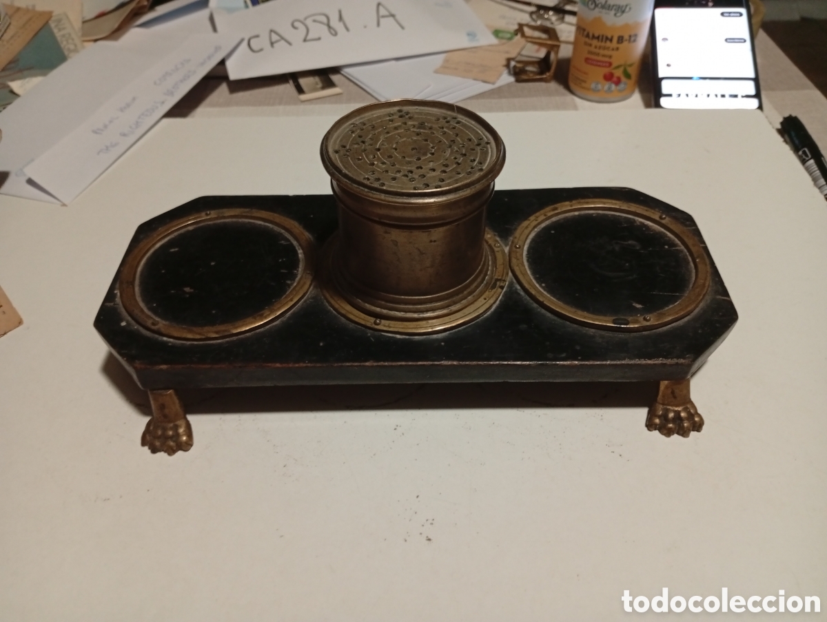 Coleccionismo: Tintero soporte de madera y una pieza bronce - Foto 8