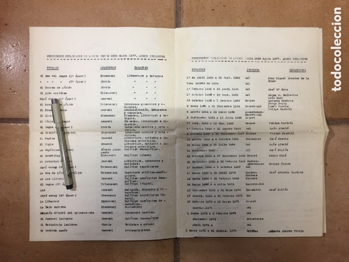 Sammelleidenschaft Papier: 1850/77 AMBOS INCLUSIVE - RELACI&Oacute;N DESCRIPTIVA DE LOS PERI&Oacute;DICOS PUBLICADOS EN L&Eacute;RIDA EN ESOS A&Ntilde;OS