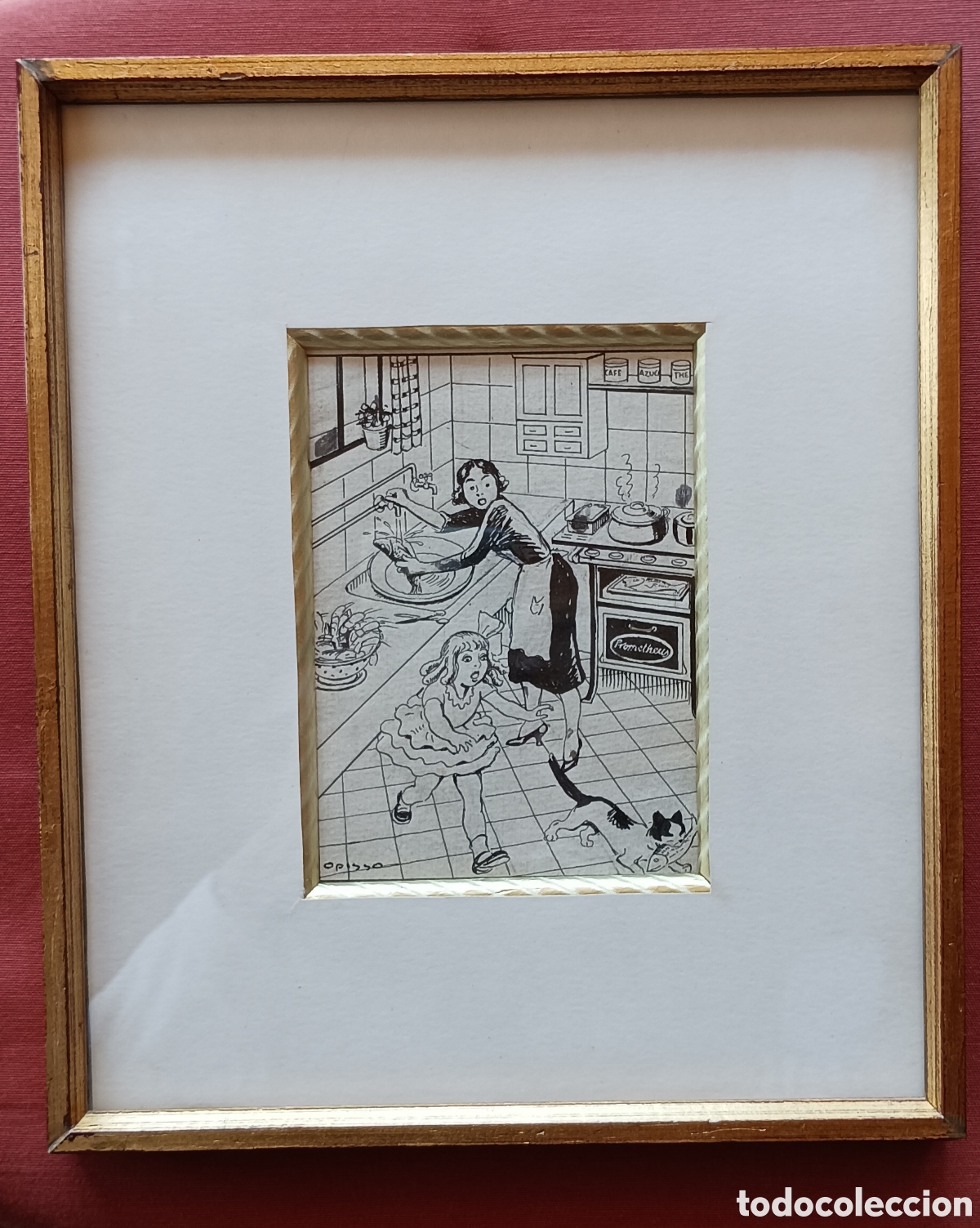 Coleccionismo: Mujer/ni&ntilde;a/gato.Divertido dibujo original a tinta china sobre papel. Ricard Opisso i Sala. Enmarcado