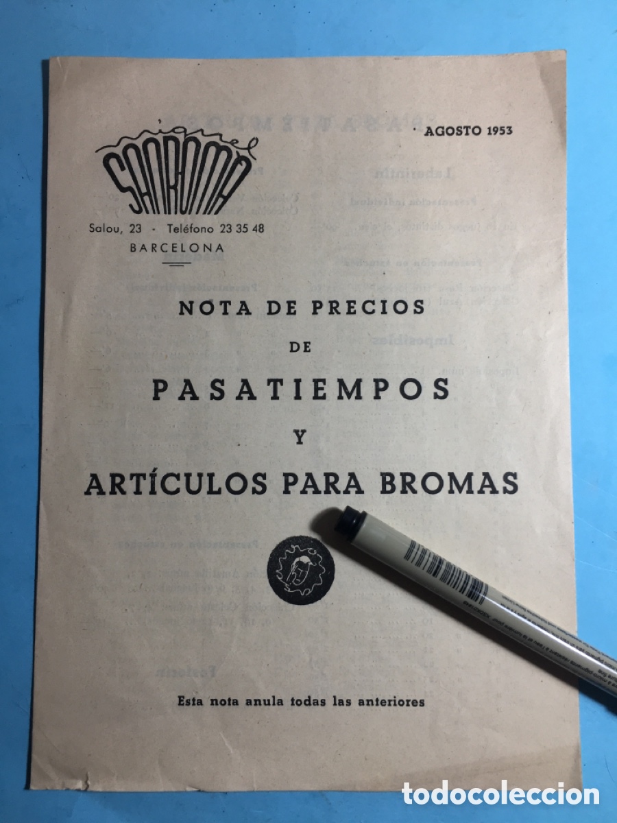 Coleccionismo: 1953 AGOSTO BCN SANROMA NOTA DE PRECIOS DE PASATIEMPOS Y ART&Iacute;CULOS PARA BROMAS GRAN LISTADO