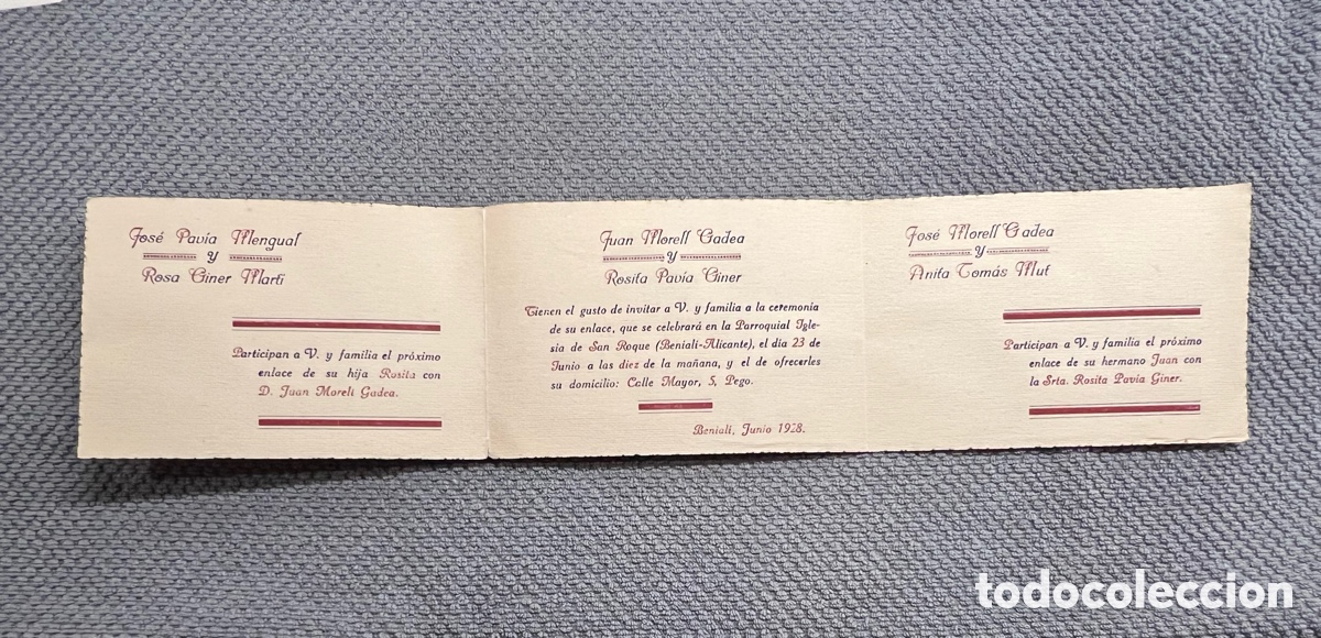 Collezionismo: PEGO - BENIALI.. Invitacion de Bodas. Juan Morell y Rosita Pavia.. Iglesia de San Roque (a.1928)