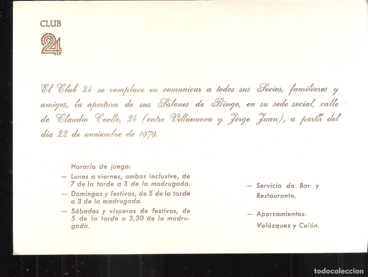 Coleccionismo: Apertura Salones Bingo. Noviembre 1979, Club 24, Madrid.Tarjeta. 16x12 cm.