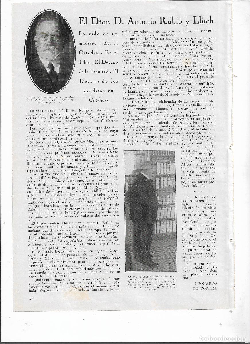 Coleccionismo: A&Ntilde;O 1928 RECORTE PRENSA DOCTOR ANTONIO RUBIO LLUCH TESIS DOCTORAL ESCRITOR INTELECTUAL CATALAN