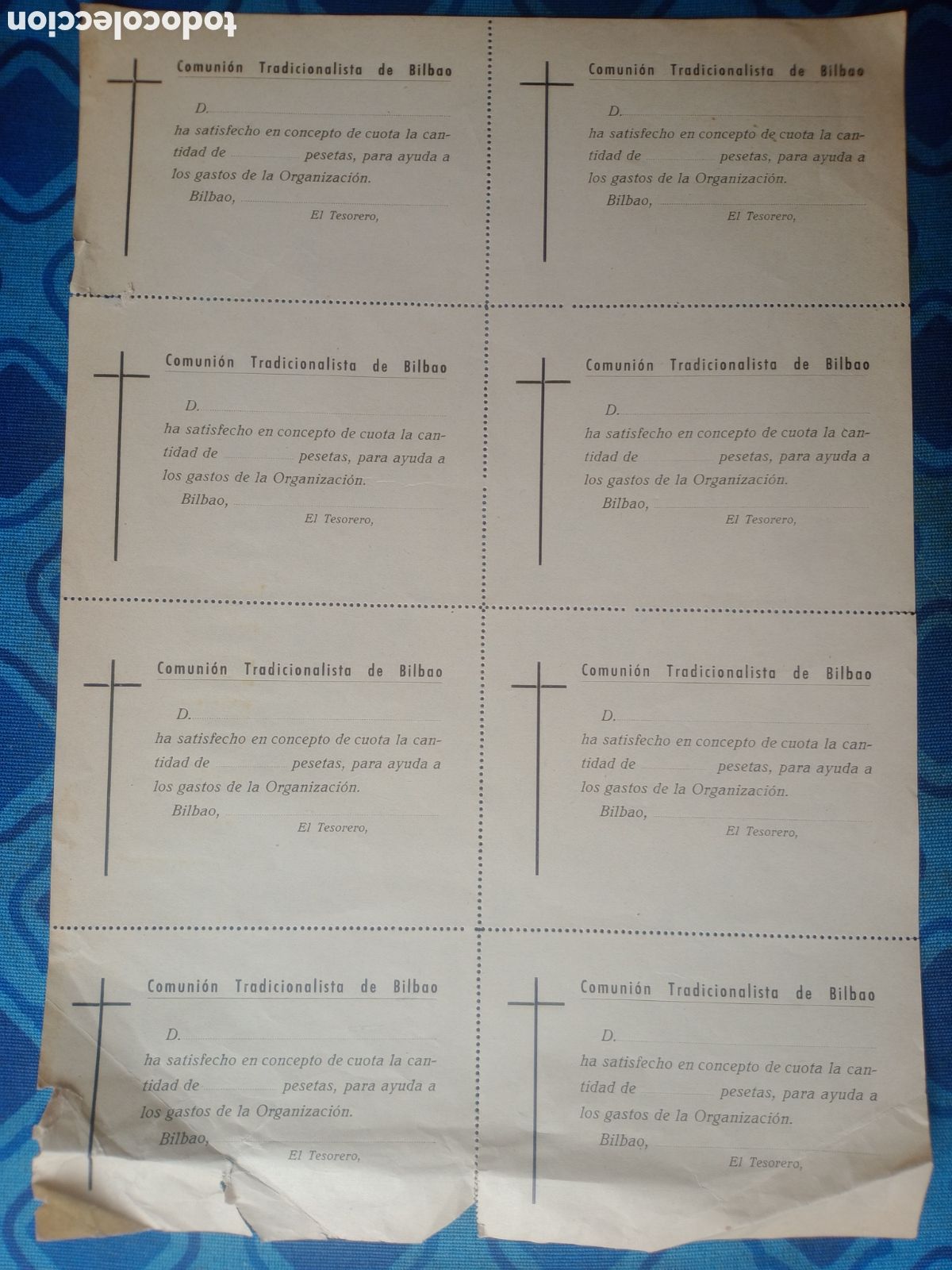 Coleccionismo: Carlismo: pliego de 8 cupones de cuotas. Bilbao. Comuni&oacute;n tradicionalista