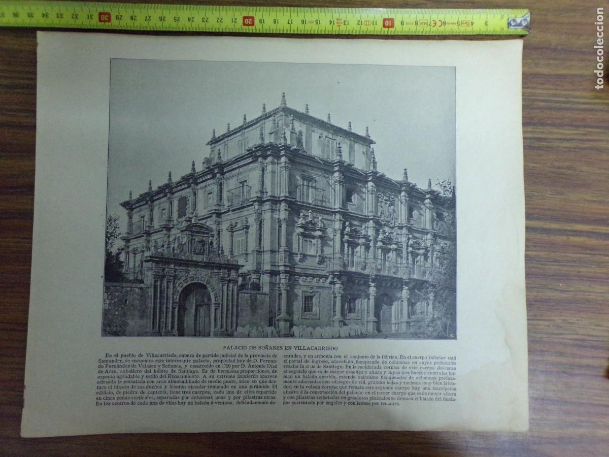 Coleccionismo: lamina antigua dos caras. apuntando una pieza/ vista de mah&oacute;n/ palacio de so&ntilde;anes, villacarreido