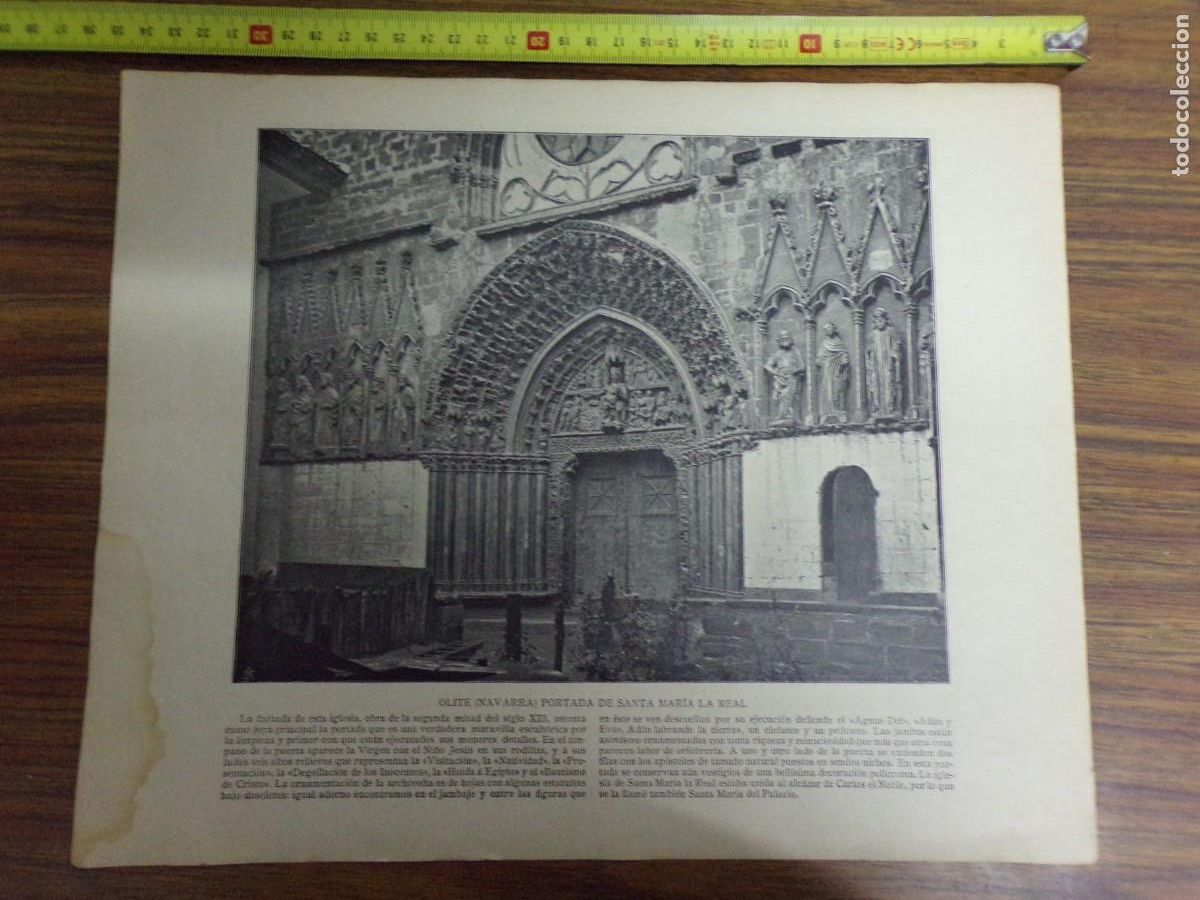 Collezionismo: lamina antigua dos caras. vista de montserrat/ olite (navarra) portada de santa maria la real