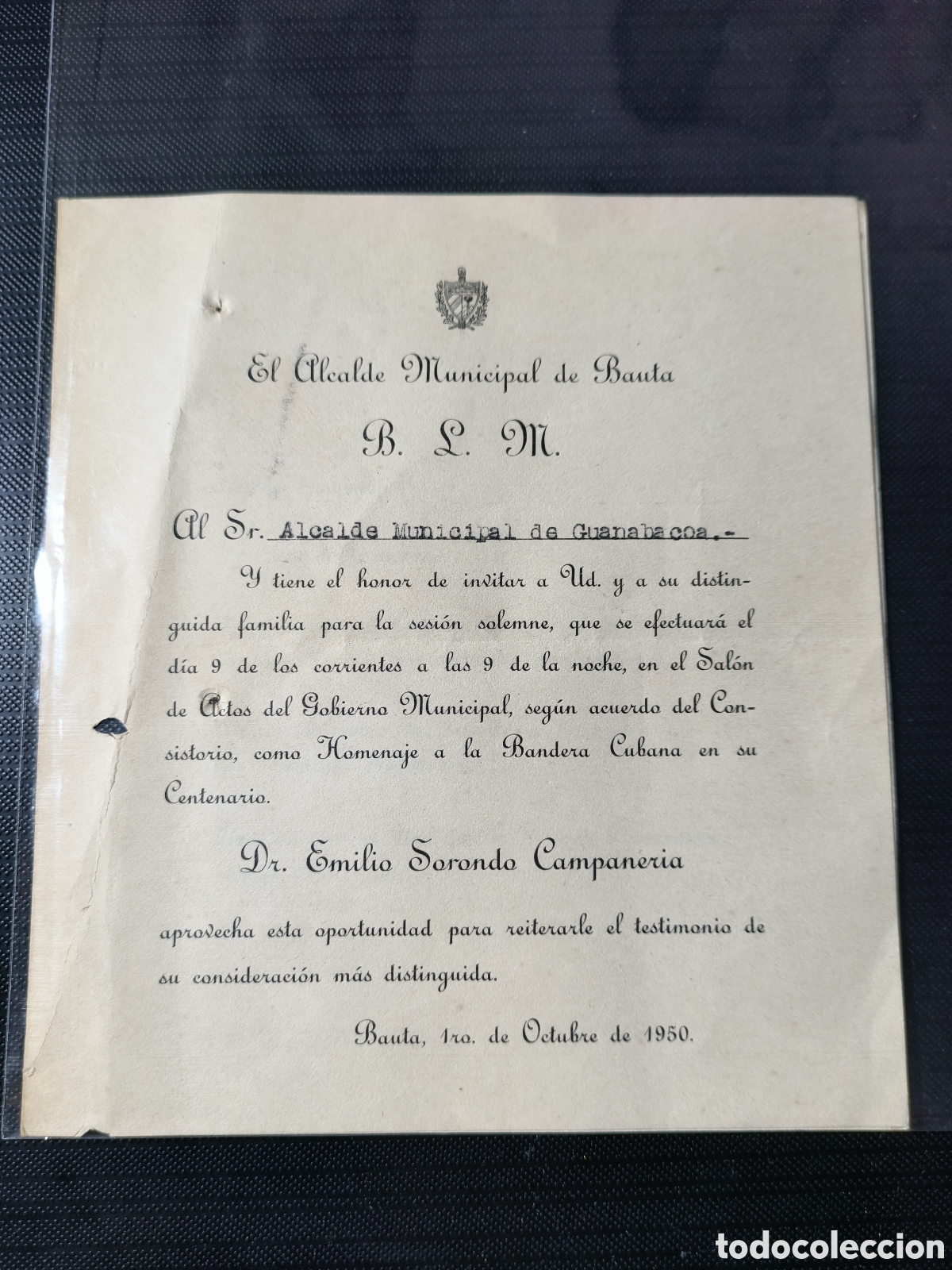 Coleccionismo: Cuba, invitaci&oacute;n sesi&oacute;n solemne homenaje a la bandera cubana,a&ntilde;o 1950.