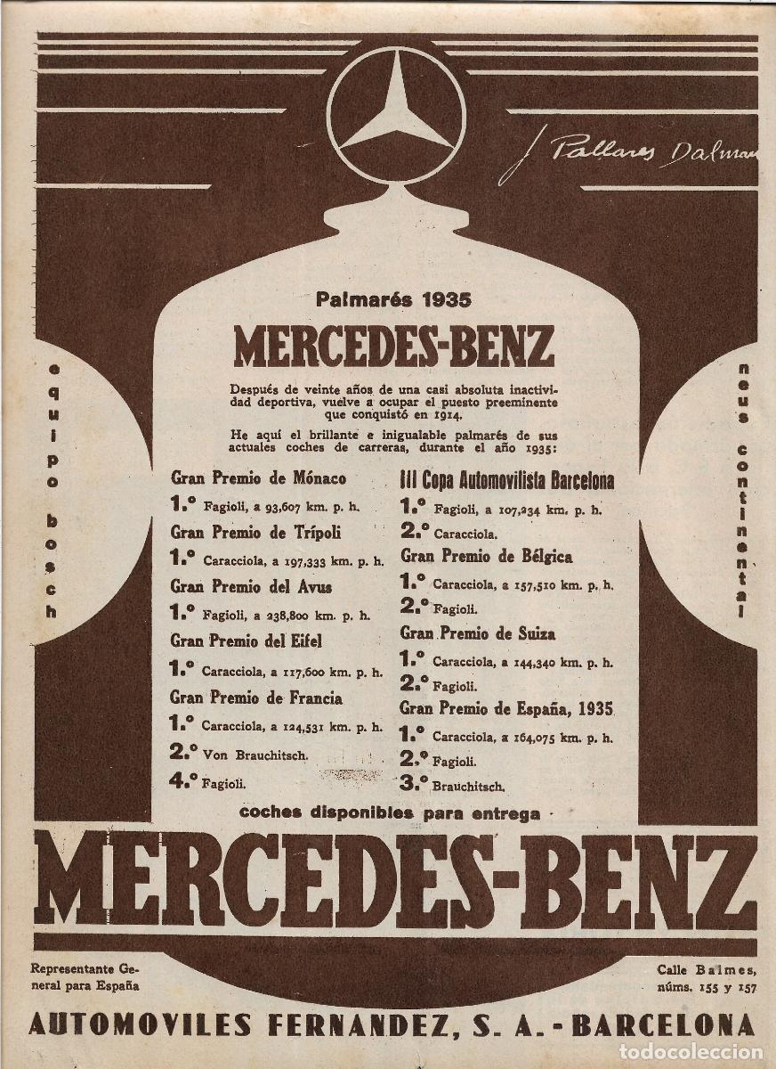Coleccionismo: A&Ntilde;O 1935 RECORTE PRENSA PUBLICIDAD MERCEDES BENZ COCHE AUTOMOVIL PALMARES 1935