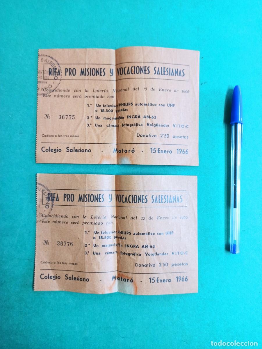 Coleccionismo: 2 Antiguas loterias Pro Misiones y Vocaciones Salesianas. 1966. Colegio Salesiano. Matar&oacute;.