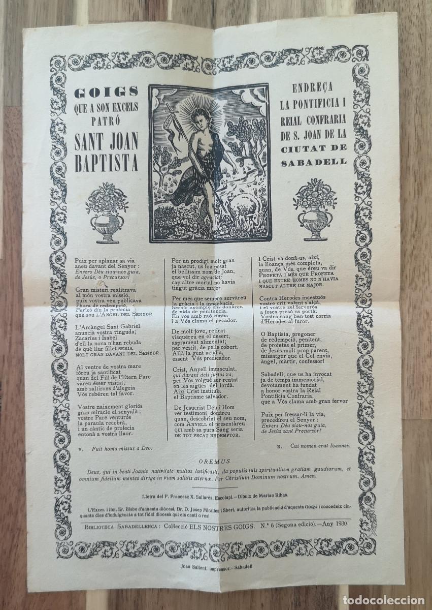 Coleccionismo: Biblioteca Sabadellenca - GOIGS Que a son Excels Patr&oacute; SANT JOAN BAPTISTA - No 6 1930 Segona Edici&oacute;