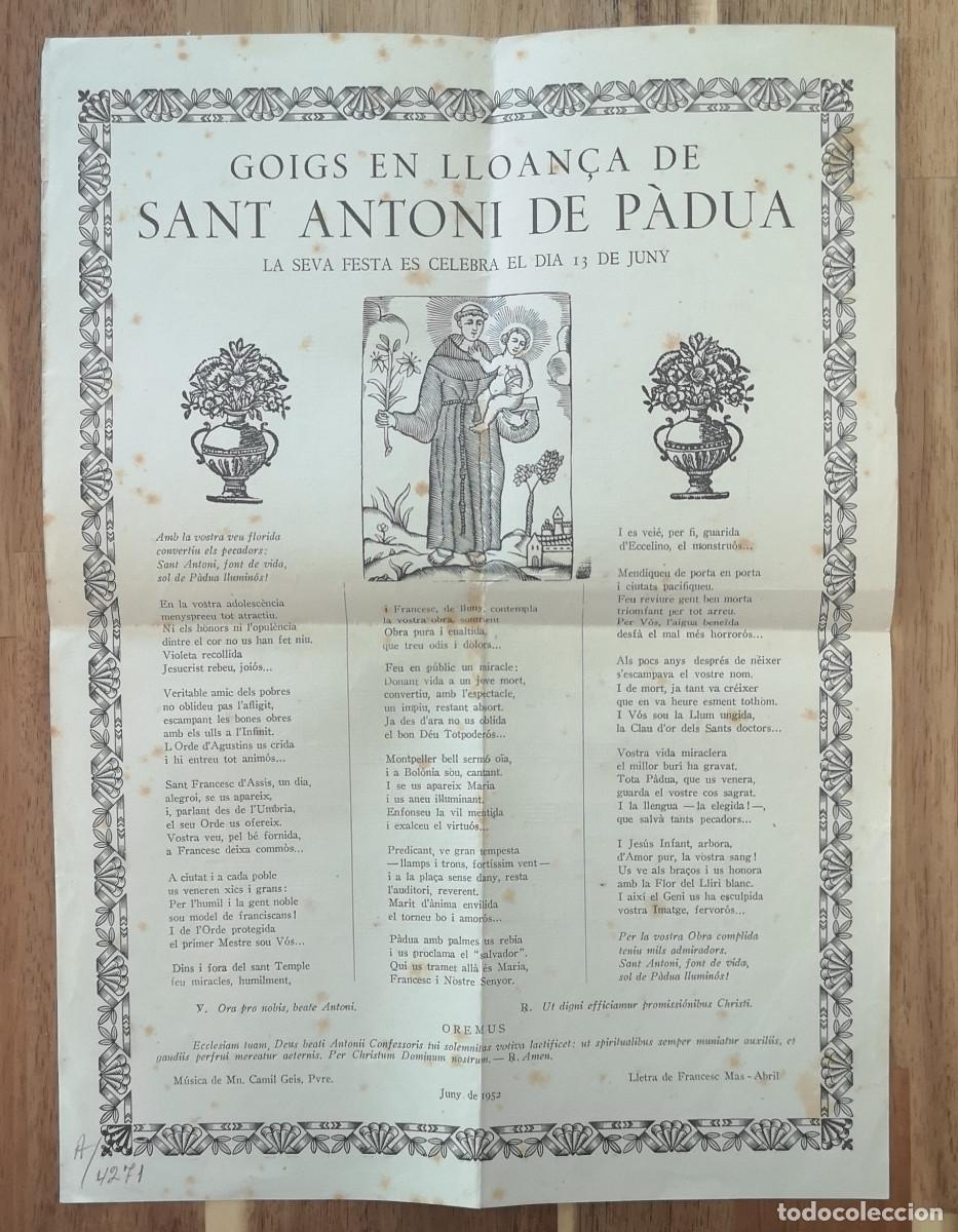 Coleccionismo: GOIGS I LLOAN&Ccedil;A de SANT ANTONI DE PADUA - 1952 Partitura musical al reverso