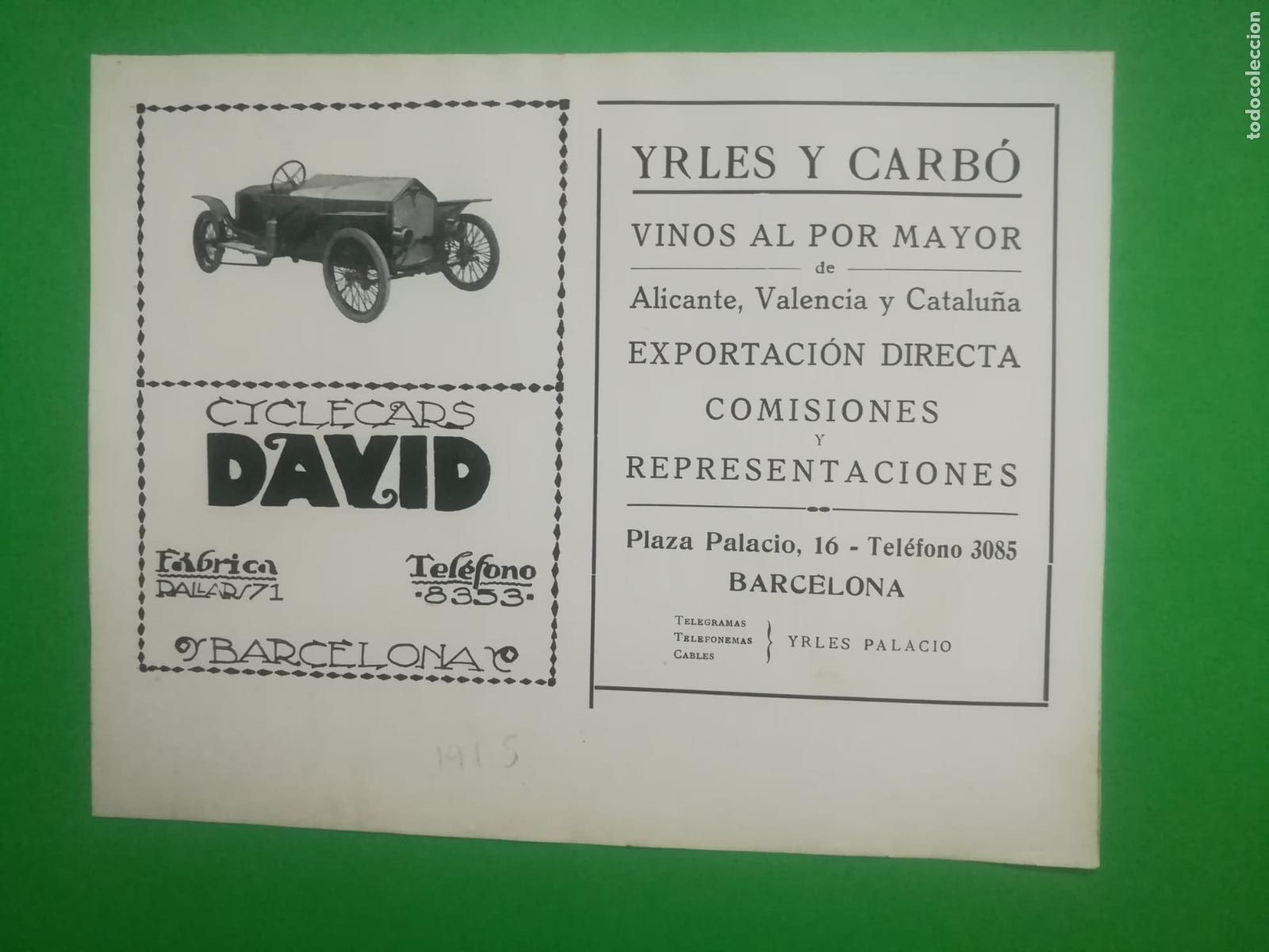 Collecting paper: CICLECARS DAVID - YRLES Y CARBO VINOS - DR. J. SERRA CASALS ELECTROTERAPIA - 1915