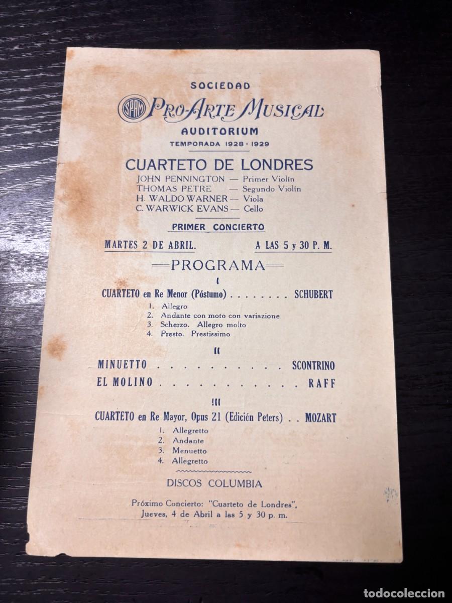 Coleccionismo: PROGRAMA &ndash; PRO-ARTE MUSICAL &ndash; TEMPORADA 1928/29 &ndash; CUARTETO DE LONDRES &ndash; LA HABANA &ndash;