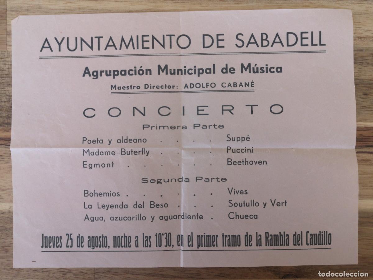 Coleccionismo: AGRUPACION MUNICIPAL DE MUSICA SABADELL - CONCIERTO ADOLFO CABAN&Eacute; - Jueves 25 Agosto