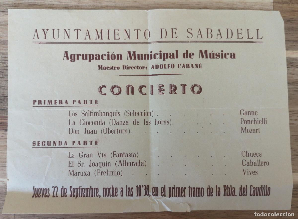 Coleccionismo: AGRUPACION MUNICIPAL DE MUSICA SABADELL - CONCIERTO ADOLFO CABAN&Eacute; - Jueves 22 Septiembre