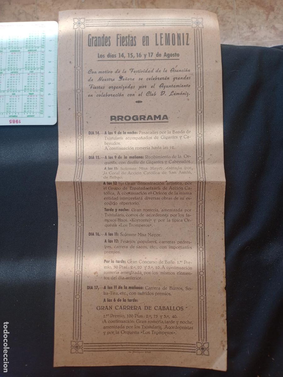 Coleccionismo: Lem&oacute;niz, Vizcaya. Programa antiguo de fiestas