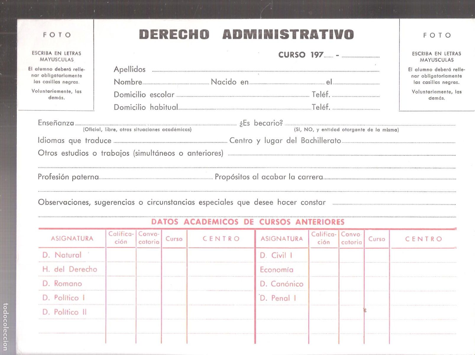 Coleccionismo: Ficha Derecho Administrativo Universidad de Zaragoza. 1978?. 22x16 cm.