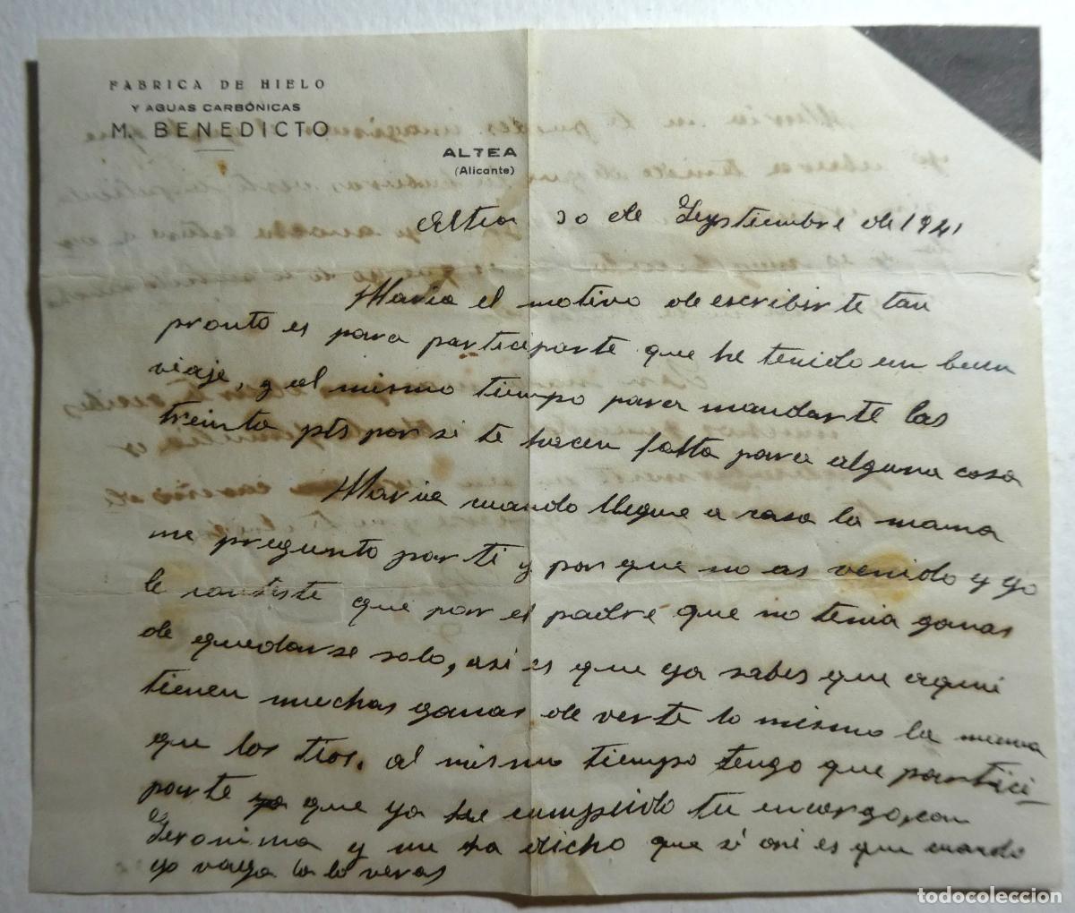 Coleccionismo: Carta escrita a Mano Fabrica de Hielo M.Benedicto Altea 30 Septiembre 1941