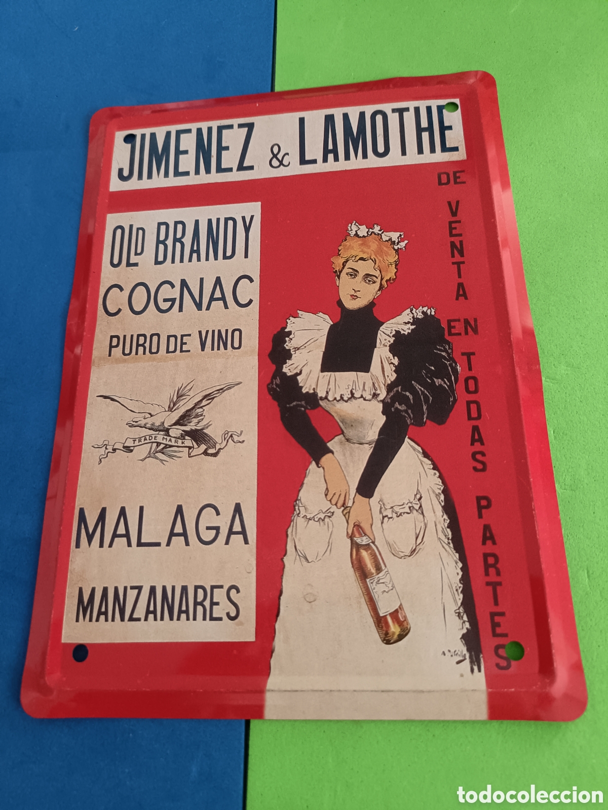 Coleccionismo: Cartel publicitario met&aacute;lico 17,5 x 12,5 cm Cognac Brandy Jimenez y Lamothe