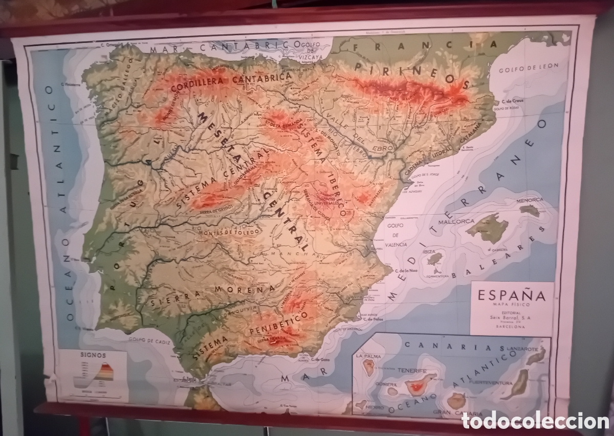 Sammelleidenschaft Papier: mapa fisico monta&ntilde;oso geografico de espa&ntilde;a a&ntilde;os 50 tela grandes dimensiones