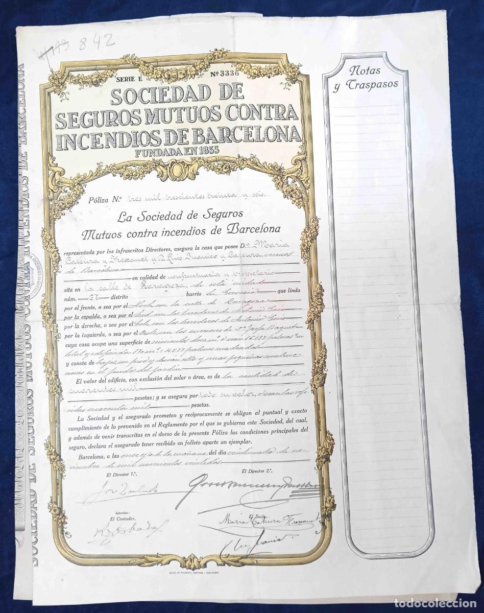 Coleccionismo: P&Oacute;LIZA DE LA SOCIEDAD DE SEGUROS MUTUOS CONTRA INCENDIOS DE BARCELONA, 1922.