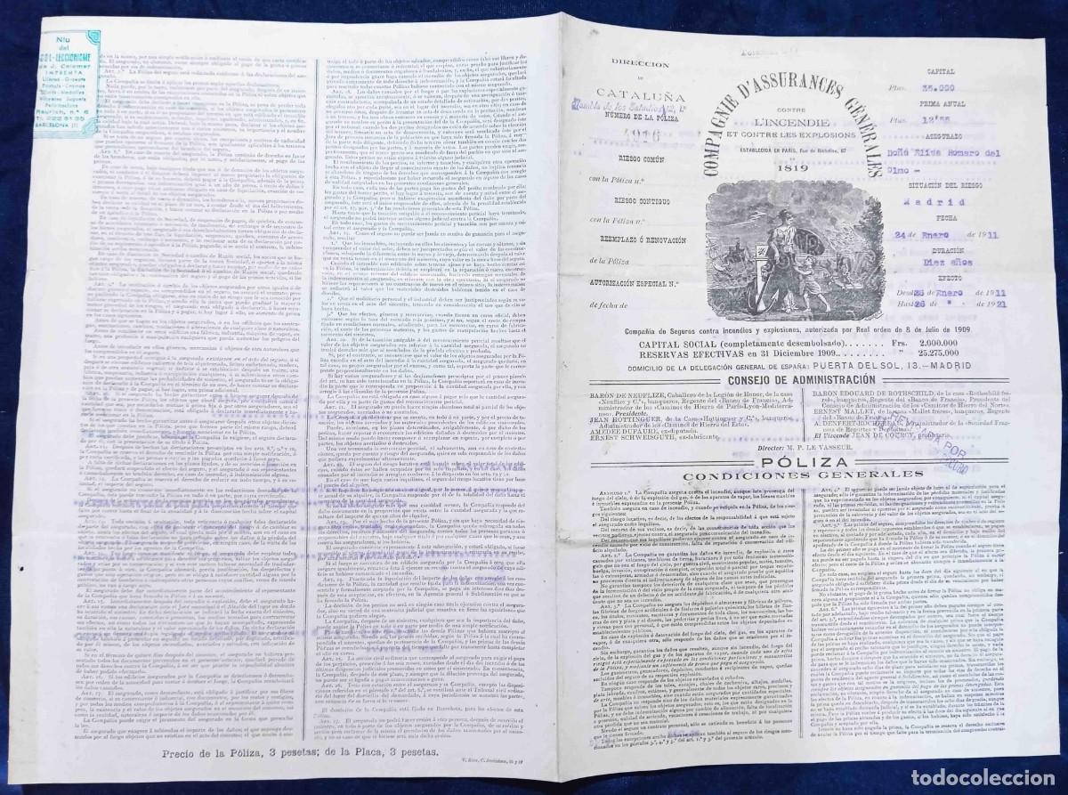 Coleccionismo: P&Oacute;LIZA DE LA COMPAGNIE D' ASSURANCES G&Eacute;NERALES CONTRE L' INCENDIE ET LES EXPLOSIONS, 1911 A 1921.