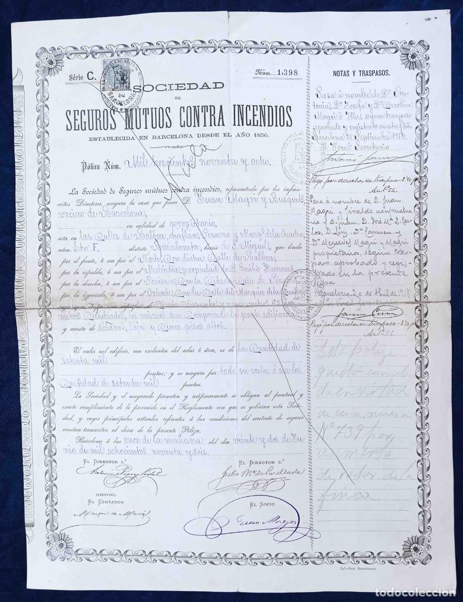 Coleccionismo: P&Oacute;LIZA DE LA SOCIEDAD DE SEGUROS MUTUOS CONTRA INCENDIOS. BARCELONA, 1896.