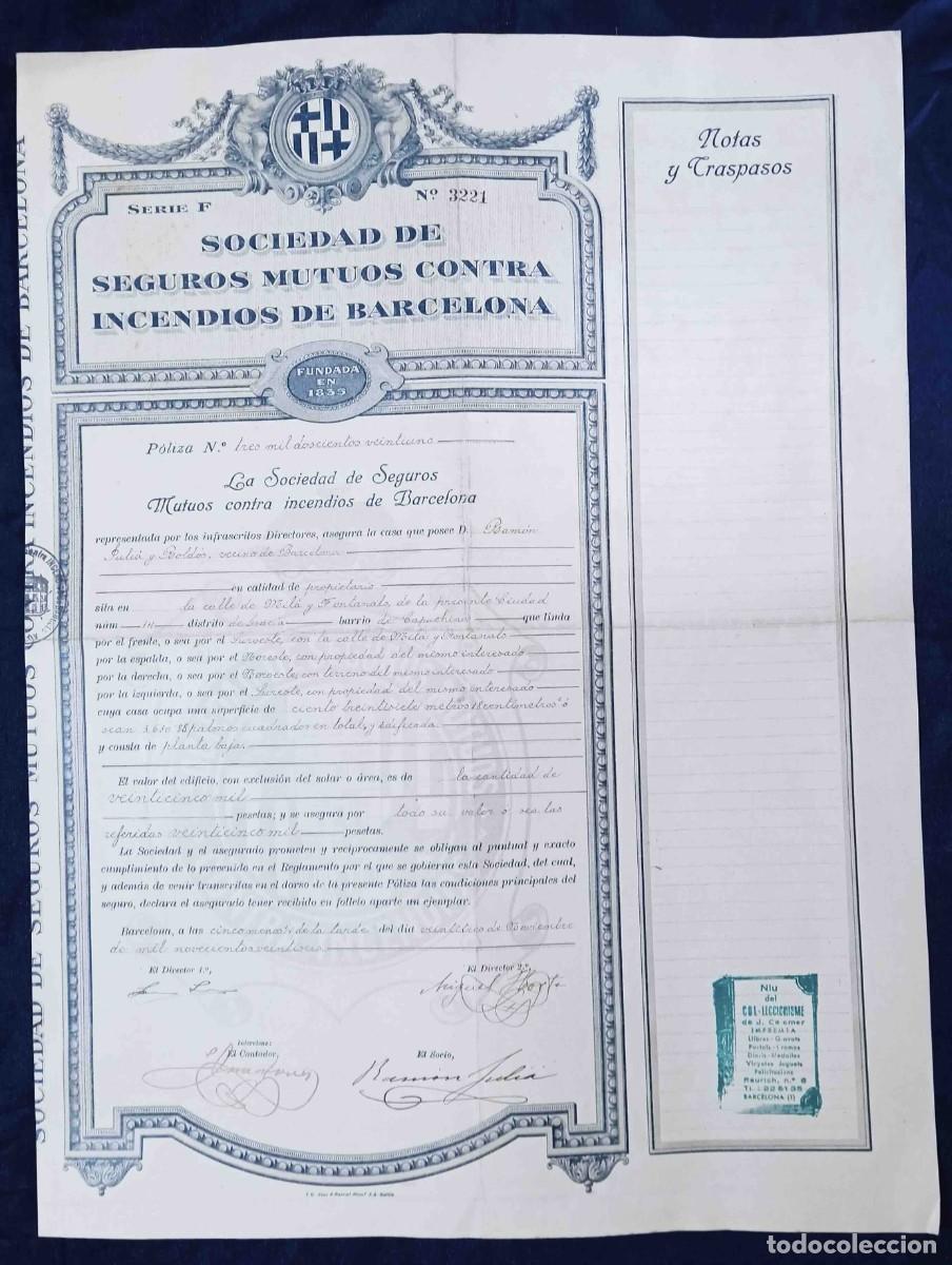 Coleccionismo: P&Oacute;LIZA DE LA SOCIEDAD DE SEGUROS MUTUOS CONTRA INCENDIOS. BARCELONA, 1926.