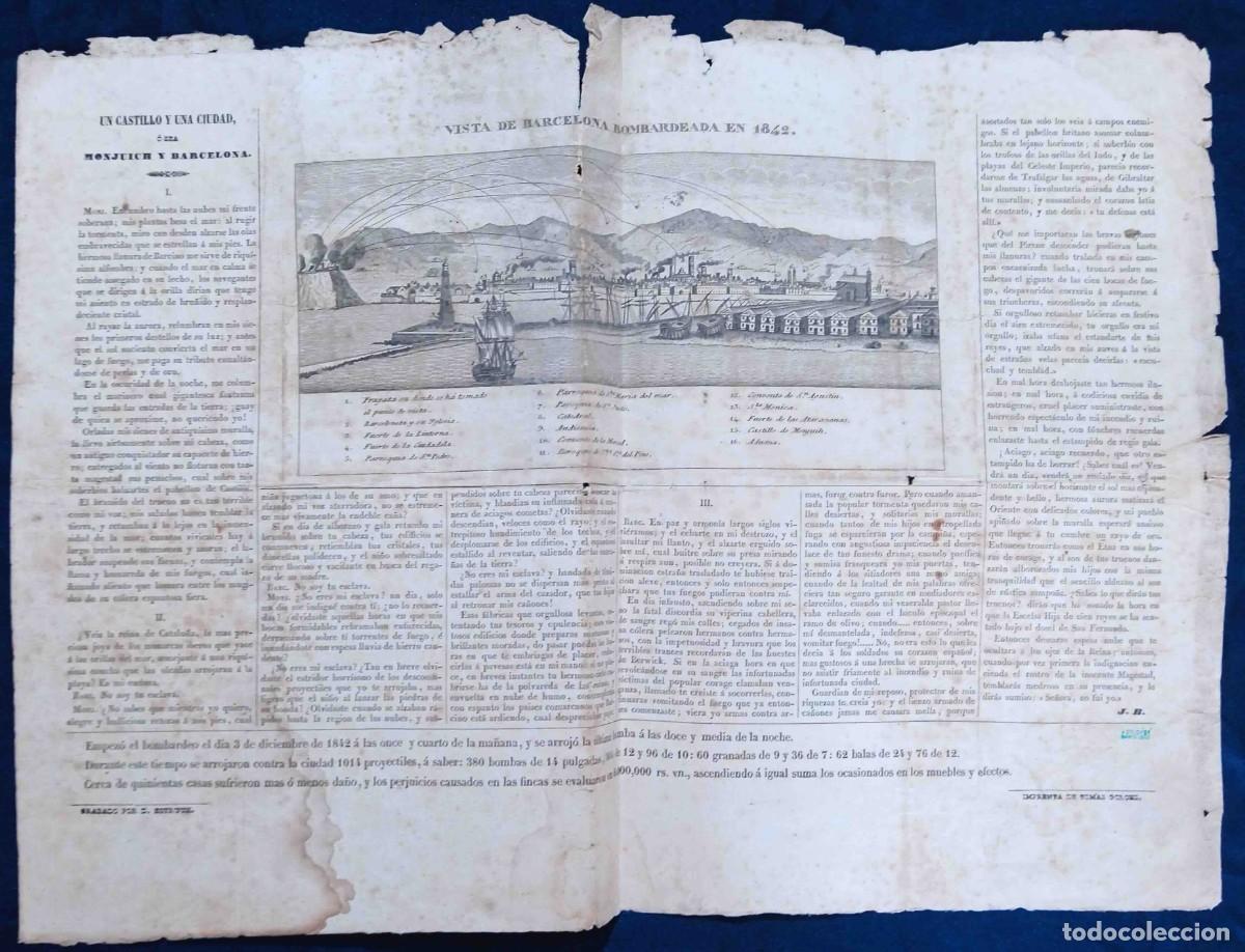 Coleccionismo: VISTA DE BARCELONA BOMBARDEADA EN 1842. GRABADO POR D. ESTRUCH. IMPRENTA DE TOM&Aacute;S GORCHS, SIN FECHA