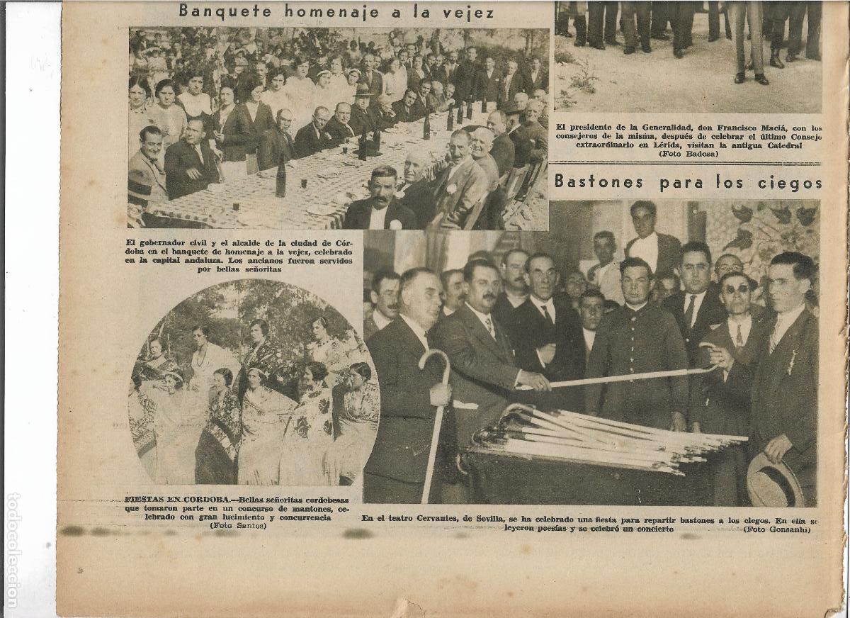 Coleccionismo: A&Ntilde;O 1932 RECORTE PRENSA SEVILLA REPARTO DE BASTONES PARA CIEGOS EN EL TEATRO CERVANTES