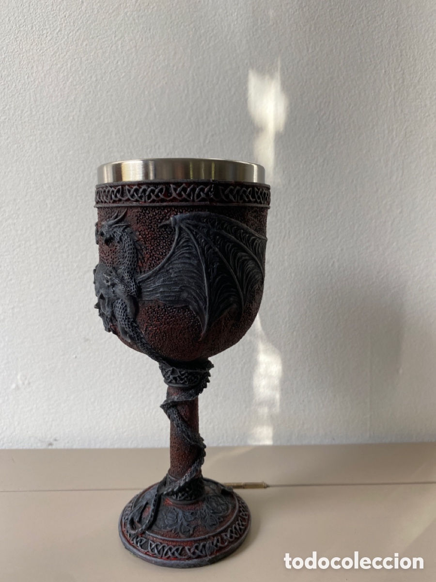 Coleccionismo: Copa de vino doble calavera de ala de drag&oacute;n - Foto 7