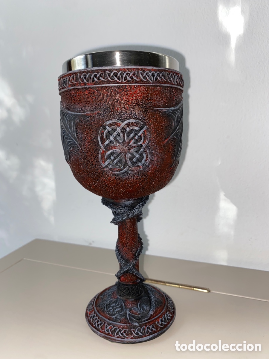 Coleccionismo: Copa de vino doble calavera de ala de drag&oacute;n - Foto 9
