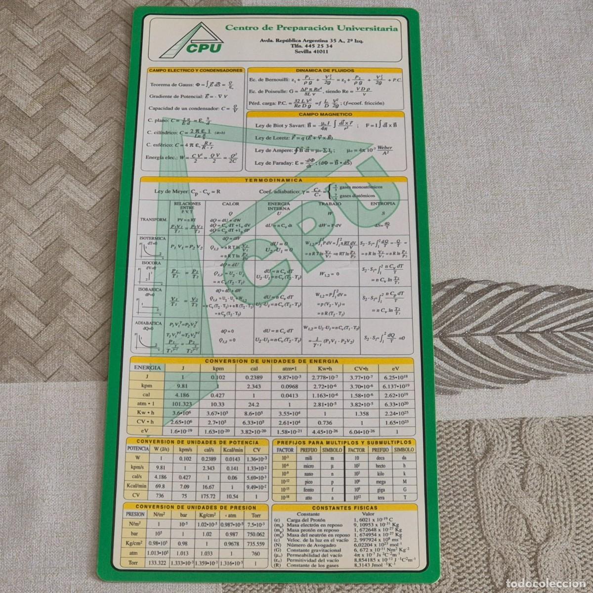 Sammelleidenschaft Papier: L&Aacute;MINA PLASTIFICADA DEL CENTRO DE PREPARACI&Oacute;N UNIVERSITARIA, SEVILLA, TABLAS, F&Oacute;RMULAS, ETC