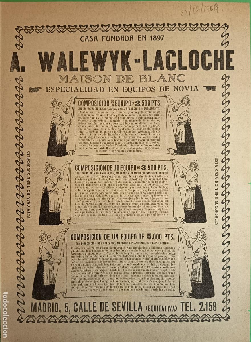 Coleccionismo: MAISON DE BLANC EQUIPOS DE NOVIA MADRID A. WALEWYK - LACLOCHE - 28/10/1909