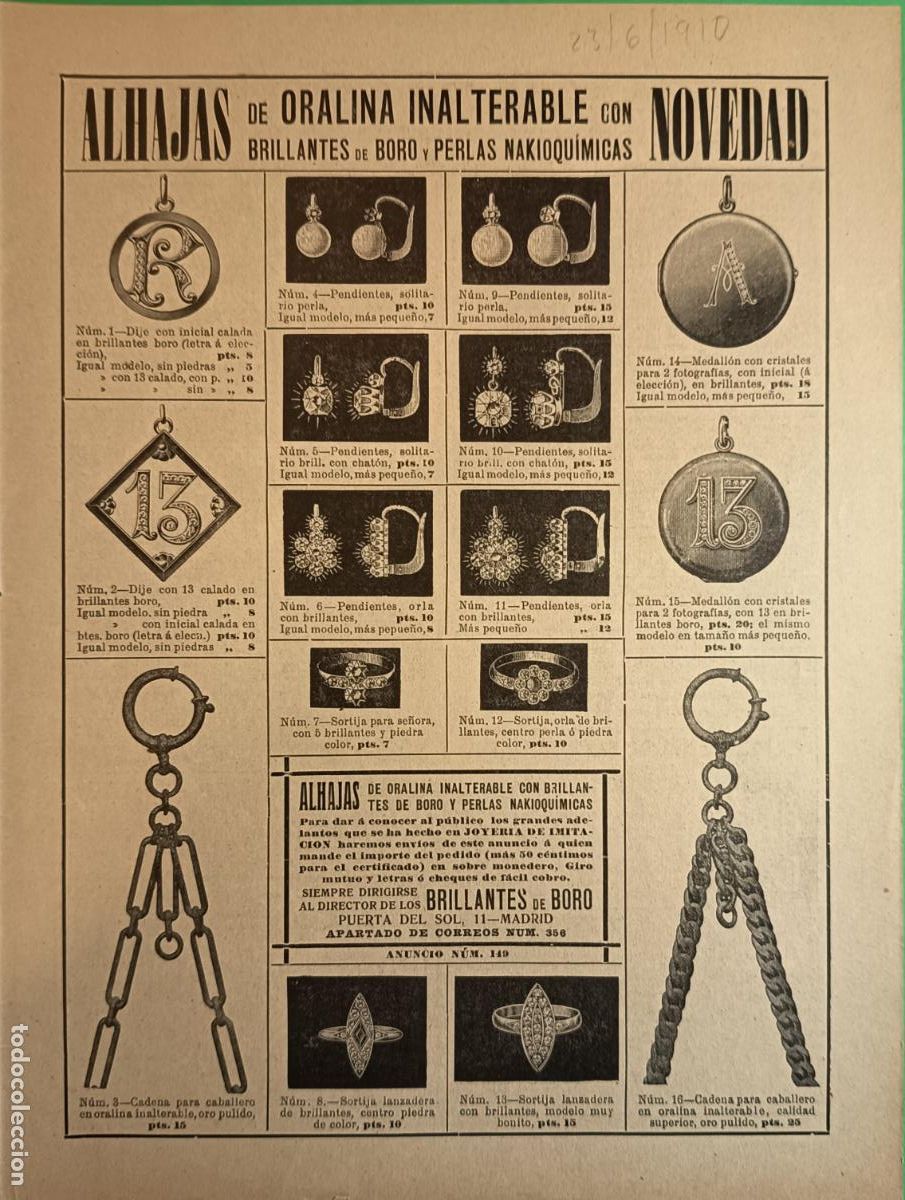 Coleccionismo: ALHAJAS ORALINA INALTERABLE CON BRILLANTES DE BORO Y PERLAS NAKIOQUIMICAS PRECIOS - 23/06/1910