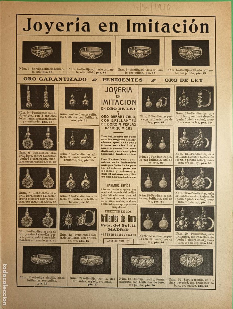 Coleccionismo: JOYERIA EN IMITACION EN ORO DE LEY BRILLANTES DE BORO PERLAS NAKIOQUIMICAS- 07/07/1910