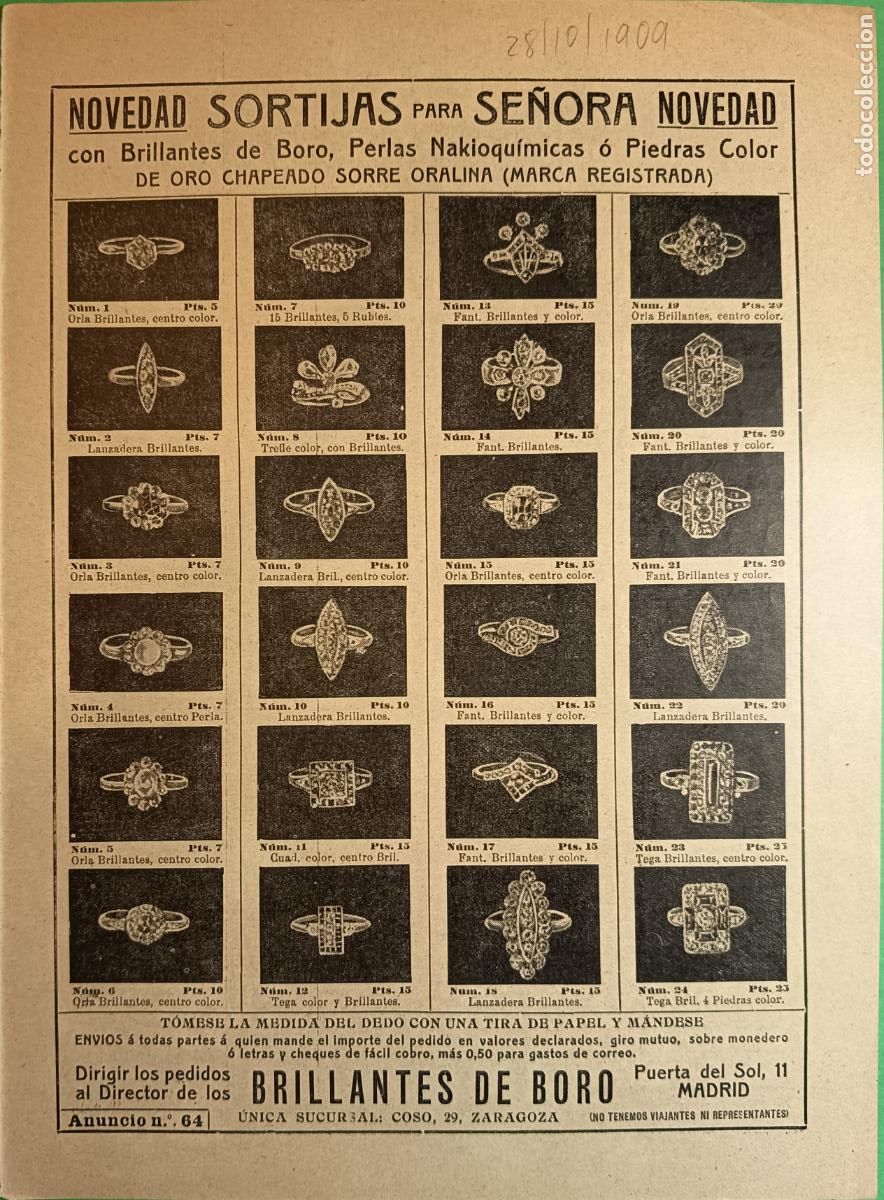 Coleccionismo: SORTIJAS PARA SE&Ntilde;ORAS BRILLANTES DE BORO PERLAS NAKIOQUIMICAS - AGUAS RADIOACTIVAS MADRID 07/07/1910