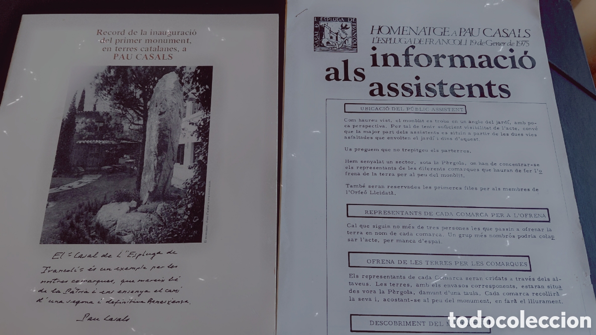 Coleccionismo: LOT HOMENATGE A PAU CASALS PRIMER MONUMENT EN TERRES CATALANES-1975- L'ESPLUGA DE FRANCOL&Iacute;