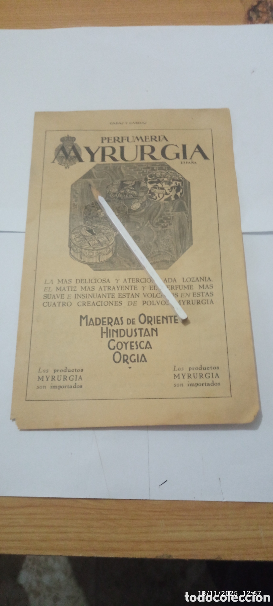 Coleccionismo: RECORTE A&Ntilde;OS 30 PUBLICIDAD PERFUMERIA MYRURGIA ESPA&Ntilde;A MADERAS DE ORIENTE