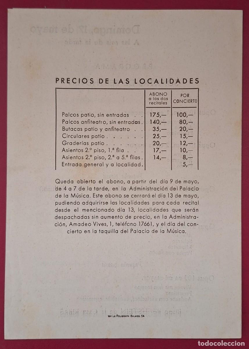 Coleccionismo: PROGRAMA DE DOS RECITALES &ndash; WILHELM BACKHAUS, PALACIO DE LA M&Uacute;SICA - Foto 3