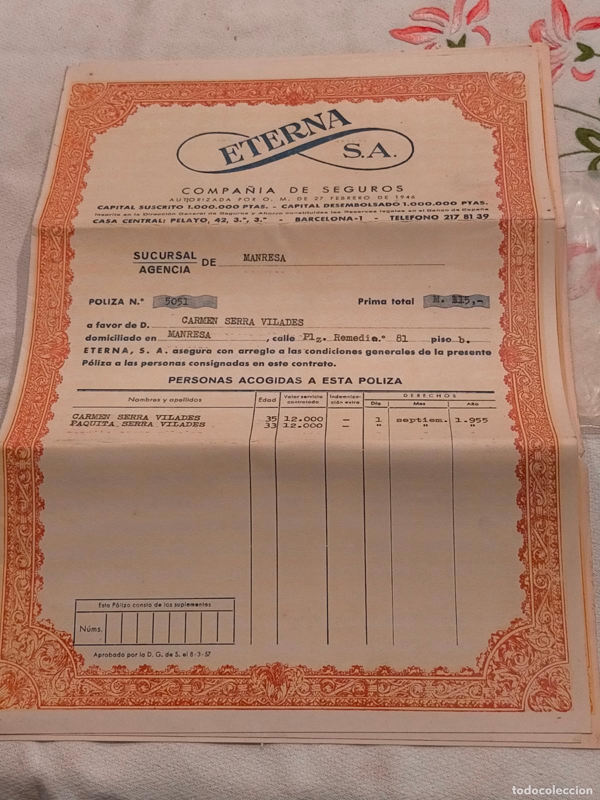 Coleccionismo: Eterna SA compa&ntilde;&iacute;a de seguros sucursal de Manresa