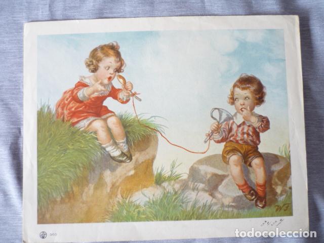 Collectionnisme: NI&Ntilde;OS JUGANDO LAMINA CROMOLITOGRAFICA A&Ntilde;OS 30 PARA PUBLICIDAD 21 X 27 CM